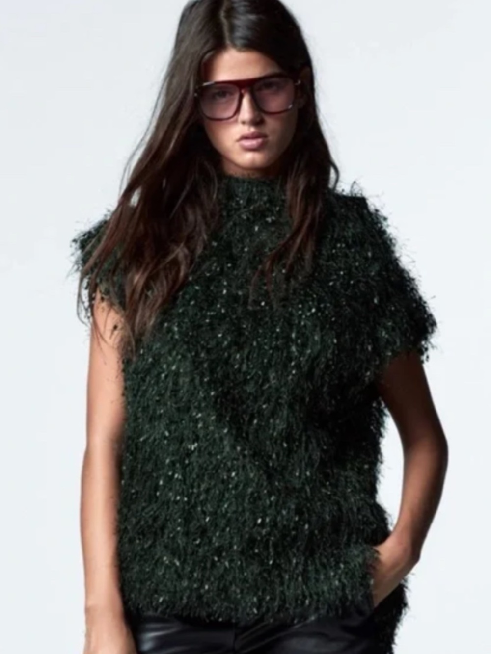 Zara Dark Green Mock neck Sleeveless Textured Top L